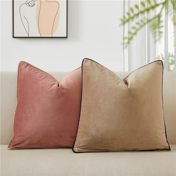 Velvet Pillow Covers 20x20 Set of 2 Soft Decorative Cushion Cases with Piping So - Picture 2 of 7